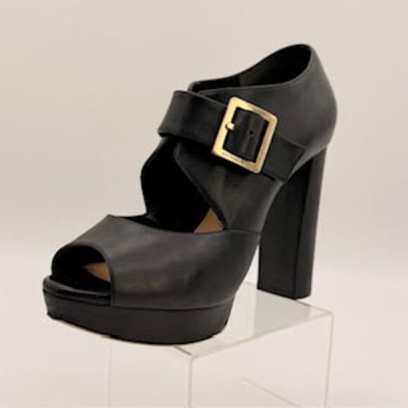 Michael Kors Black Leather Platform Heels Peep Toe Gold Buckle Women’s 6.5 - Picture 2 of 16
